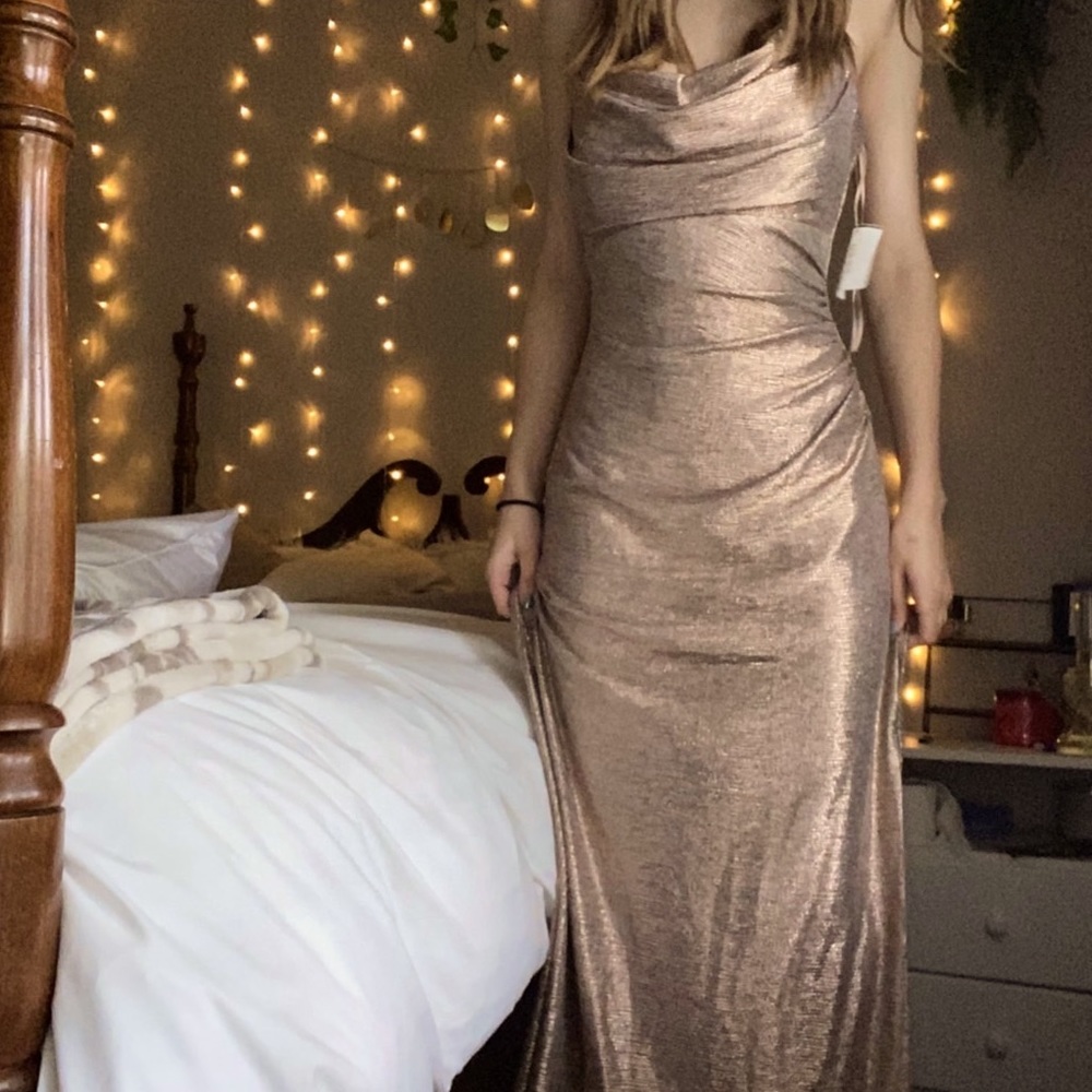 Metallic Cowl Neck Sheath Dress with Ruching